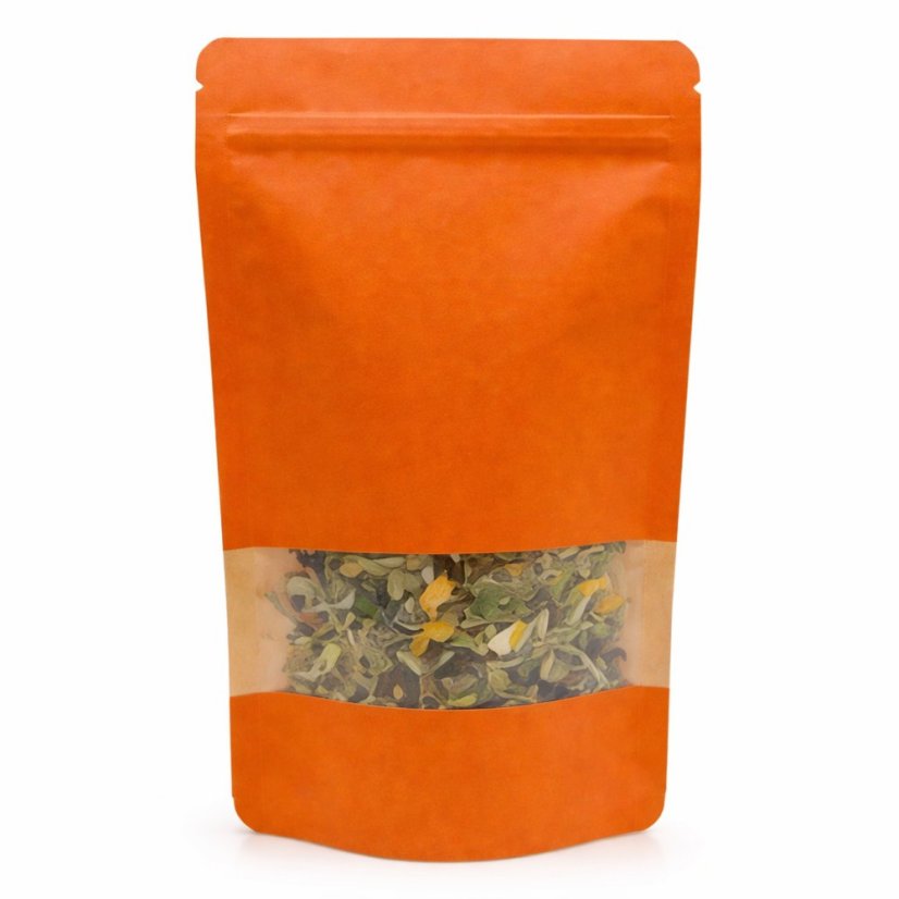 Sáčky - stojací dvouvrstvé oranžové s malým okénkem (KRAFT50/PET12/CPP40) - Šíře: 130 mm, Délka: 225 mm, Objem: 500 ml, Záložka: 70 mm, Velikost balení: -